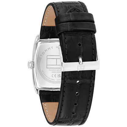 Herrenarmbanduhr mit schwarzem Lederarmband, sichtbarer Schnalle und silbernem Gehäuse