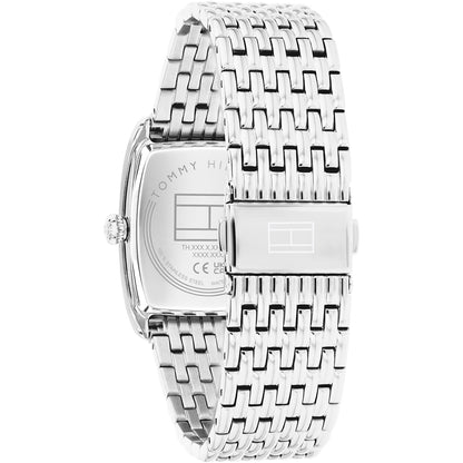 Tommy Hilfiger Herrenarmbanduhr mit Rückseite und Edelstahl-Metallarmband.