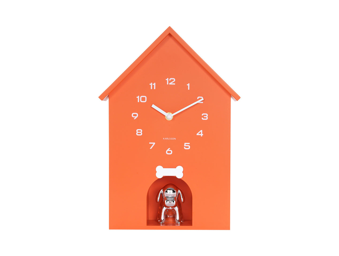 Karlsson Dog House KA6096OR Wanduhr Orange • Hündchen-Stundenschlag • Geräuschloses Sweep-Uhrwerk