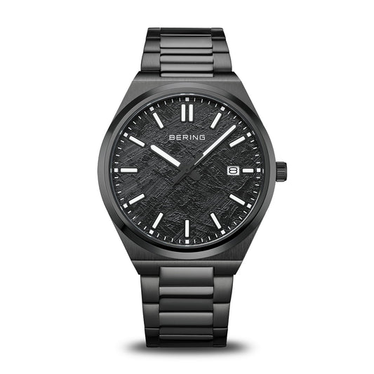 Herrenuhr mit schwarzem Zifferblatt, schwarzen Indexen und schwarzem Edelstahlarmband