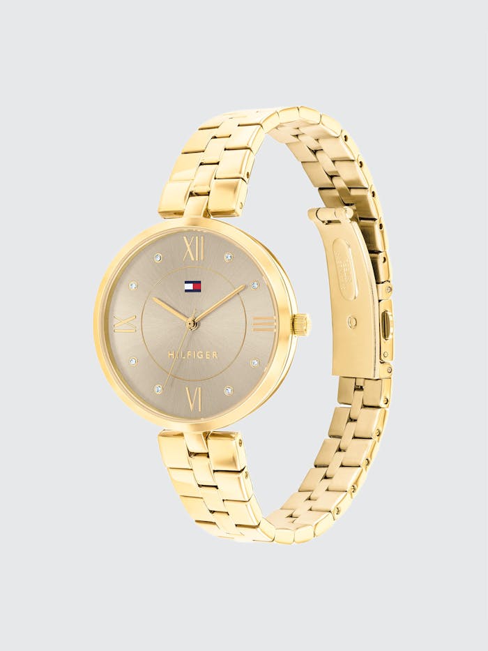 Tommy Hilfiger Ella 1782685 Damenuhr Gold • Dünnes Stahlarmband • Grau-Goldenes Ziffernblatt