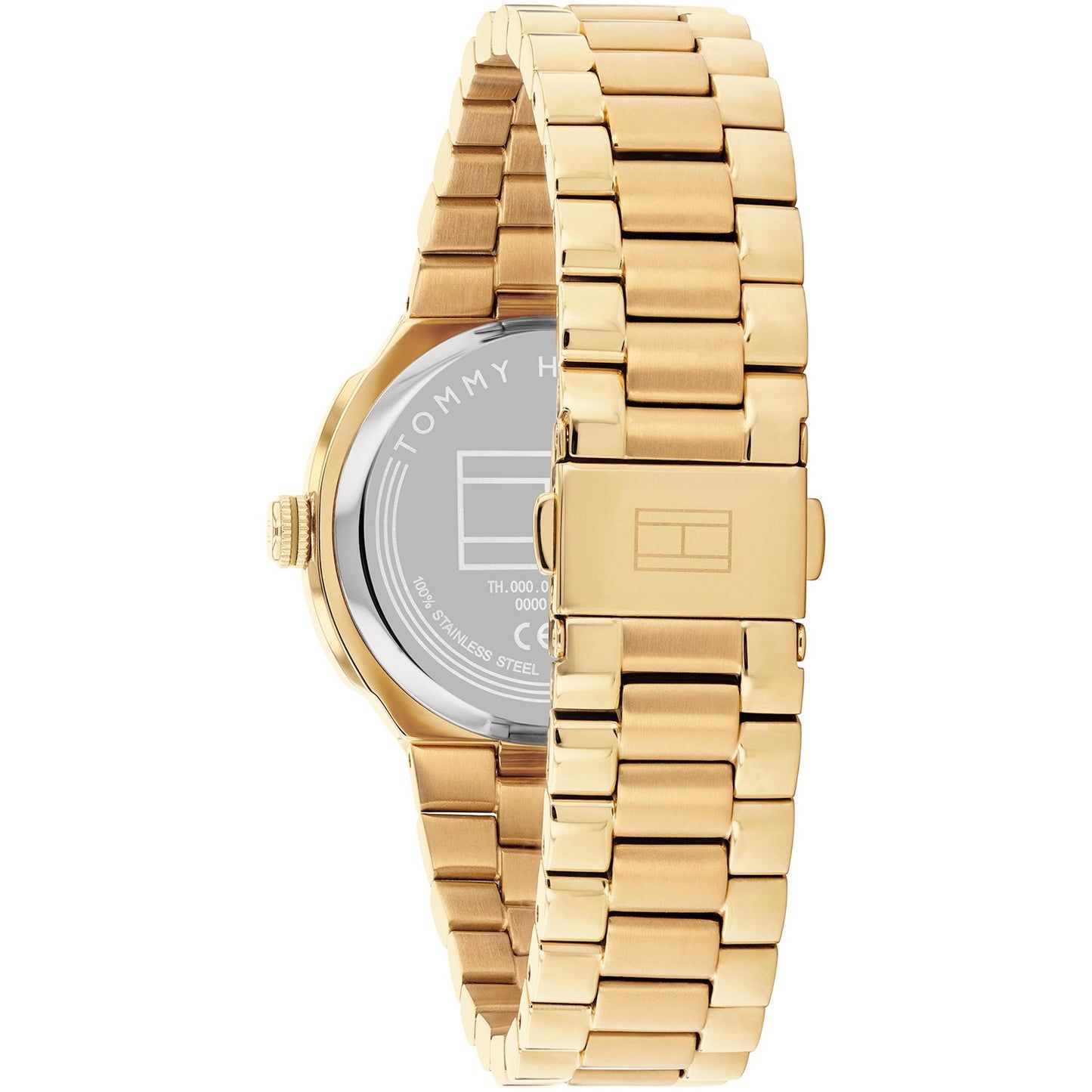 Goldfarbenes Gliederarmband und Gehäuserückseite der Tommy Hilfiger Georgia Uhr