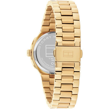 Goldfarbenes Gliederarmband und Gehäuserückseite der Tommy Hilfiger Georgia Uhr