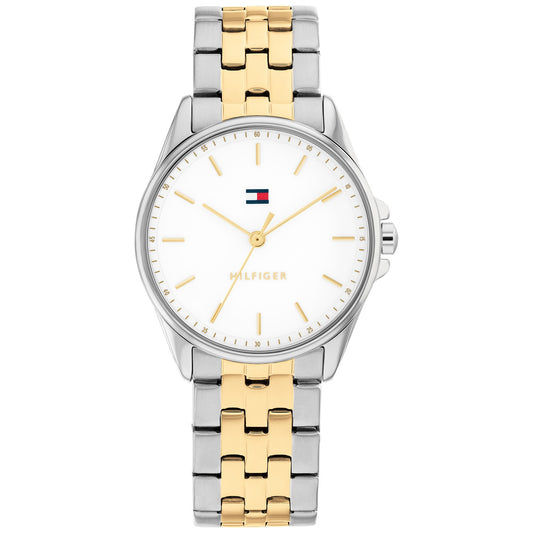 Tommy Hilfiger Jade Damenarmbanduhr mit weißem Zifferblatt und zweifarbigem Metallarmband