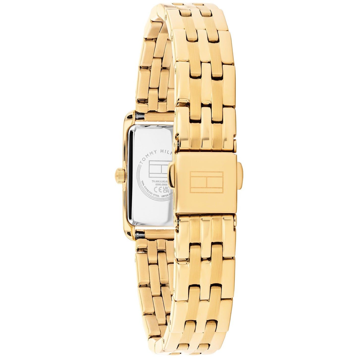 Tommy Hilfiger Damenuhr von hinten mit goldenem Metallarmband und Faltschließe