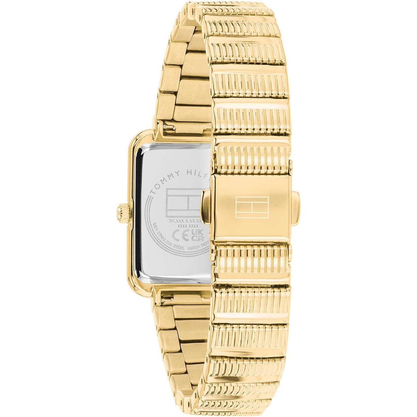 Damenarmbanduhr Rückansicht: rechteckiges Edelstahlgehäuse mit goldfarbenem Armband
