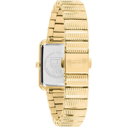 Damenarmbanduhr Rückansicht: rechteckiges Edelstahlgehäuse mit goldfarbenem Armband