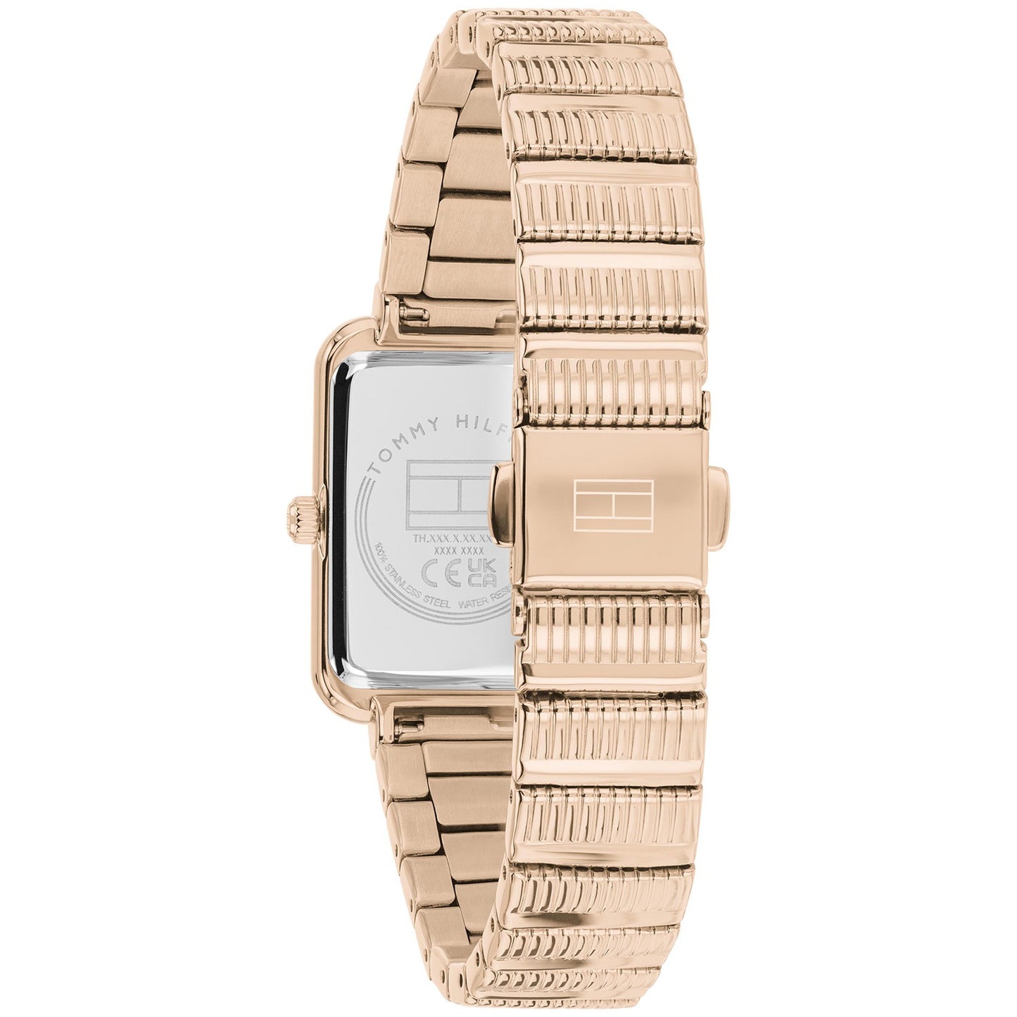 Tommy Hilfiger Damenarmbanduhr mit roségoldenem Metallarmband und rechteckigem Gehäuse
