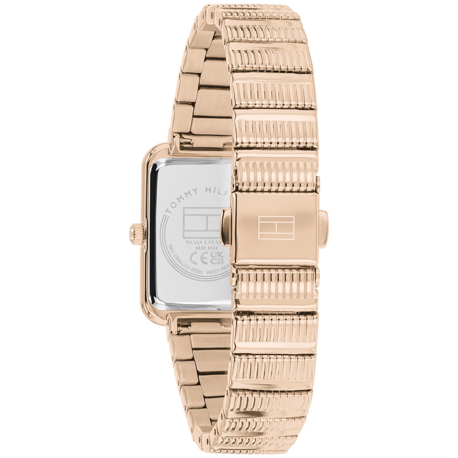 Tommy Hilfiger Damenarmbanduhr mit roségoldenem Metallarmband und rechteckigem Gehäuse