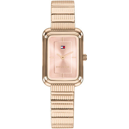 Tommy Hilfiger Damenarmbanduhr mit rechteckigem roségoldfarbenem Gehäuse und Metallarmband