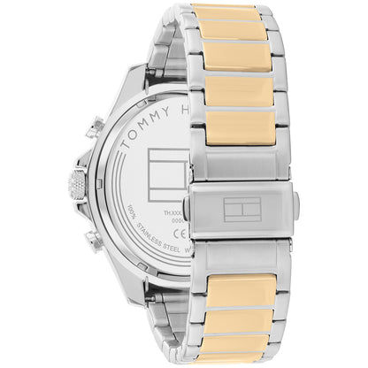 Tommy Hilfiger Bicolor Herrenuhr Seitenansicht mit Edelstahlgehäuse und Gliederarmband
