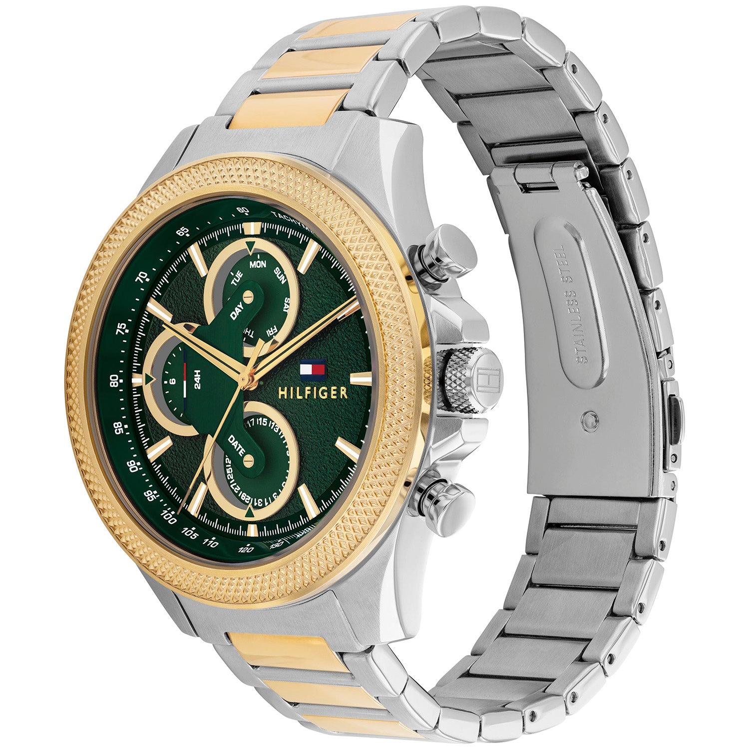 Tommy Hilfiger Bicolor Herrenuhr mit grünem Zifferblatt, Tachymeter-Details und Datum