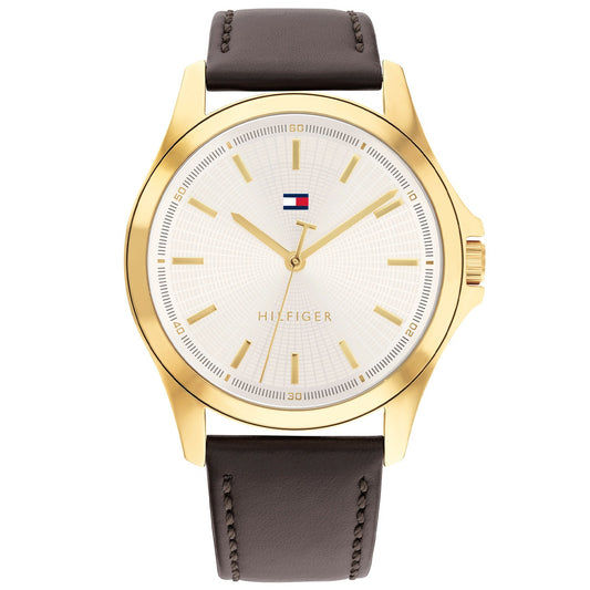 Tommy Hilfiger Herren-Armbanduhr: goldener Rahmen, weißes Zifferblatt, dunkles Lederband.