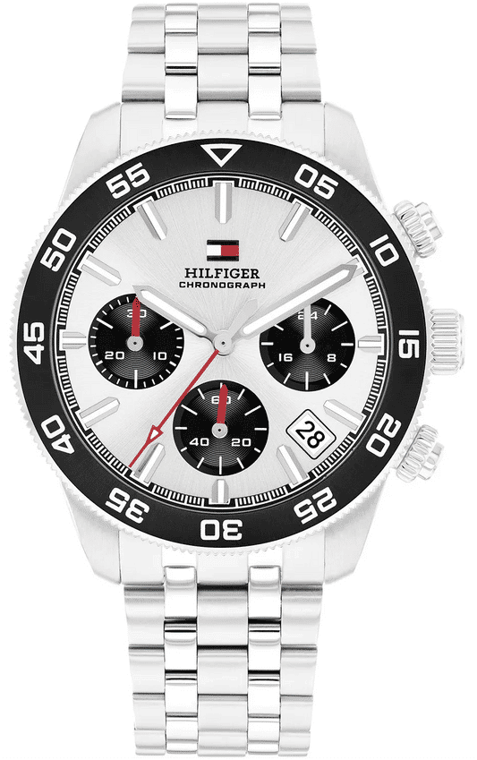 Tommy Hilfiger Herren-Chronograph mit silberfarbenem Edelstahlarmband, schwarzer Lünette und Datumsanzeige