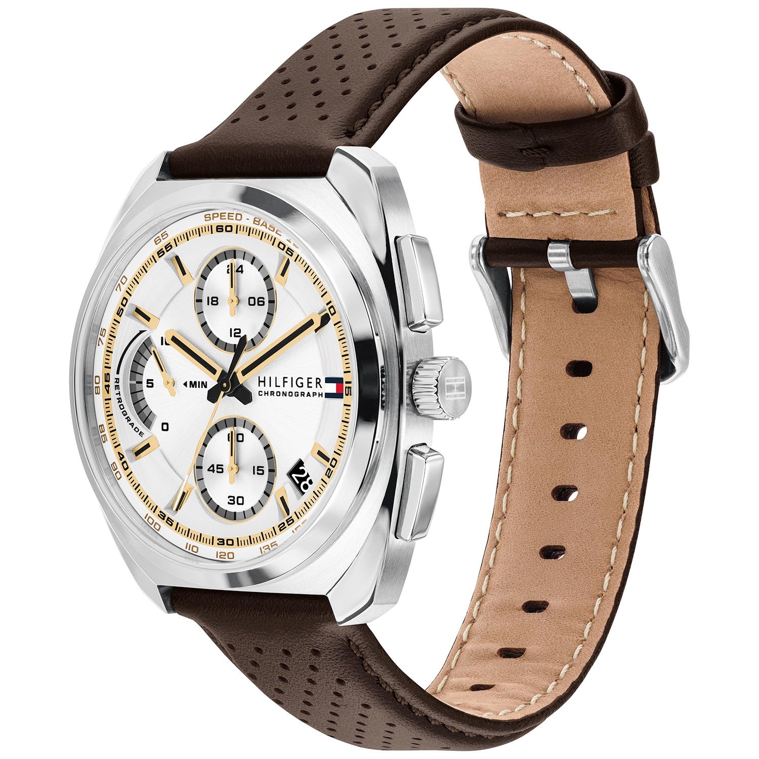 Herren-Chronograph mit braunem perforiertem Lederarmband, sichtbare Kante und Nähte