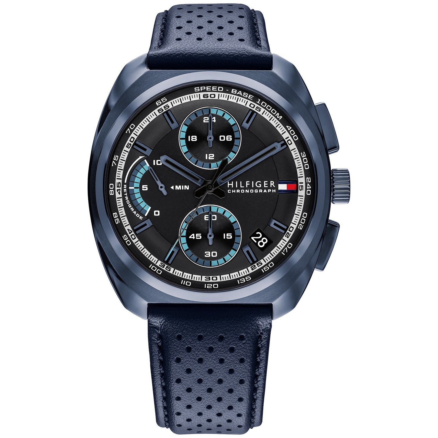 Herren-Chronograph: dunkelblaues perforiertes Lederband, schwarzes Gehäuse, blaues Zifferblatt