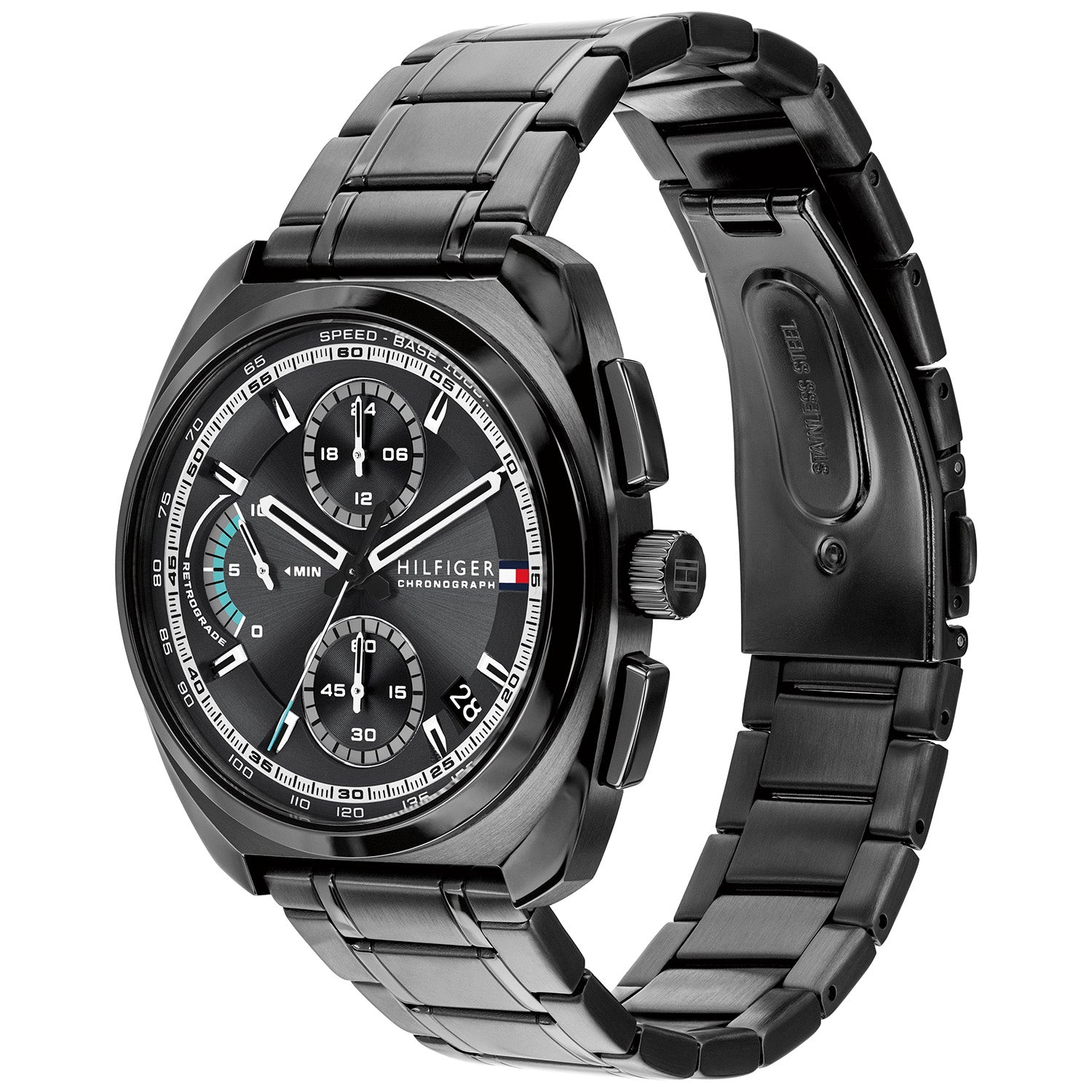 Tommy Hilfiger Chronograph mit sichtbarer Krone, schwarzes Edelstahlarmband und Zifferblatt