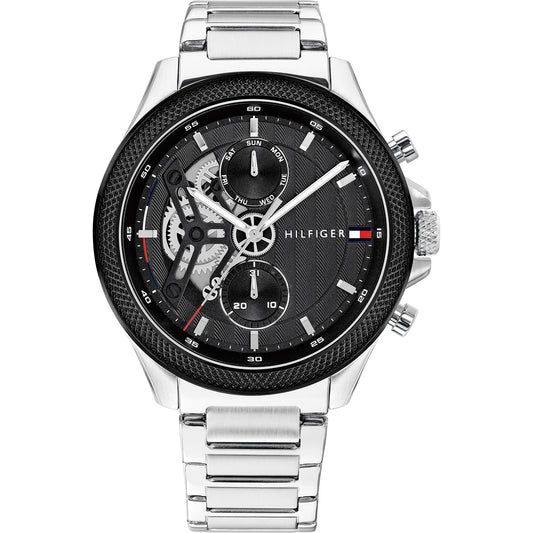 Tommy Hilfiger Herrenarmbanduhr mit schwarzem Zifferblatt und Edelstahlarmband