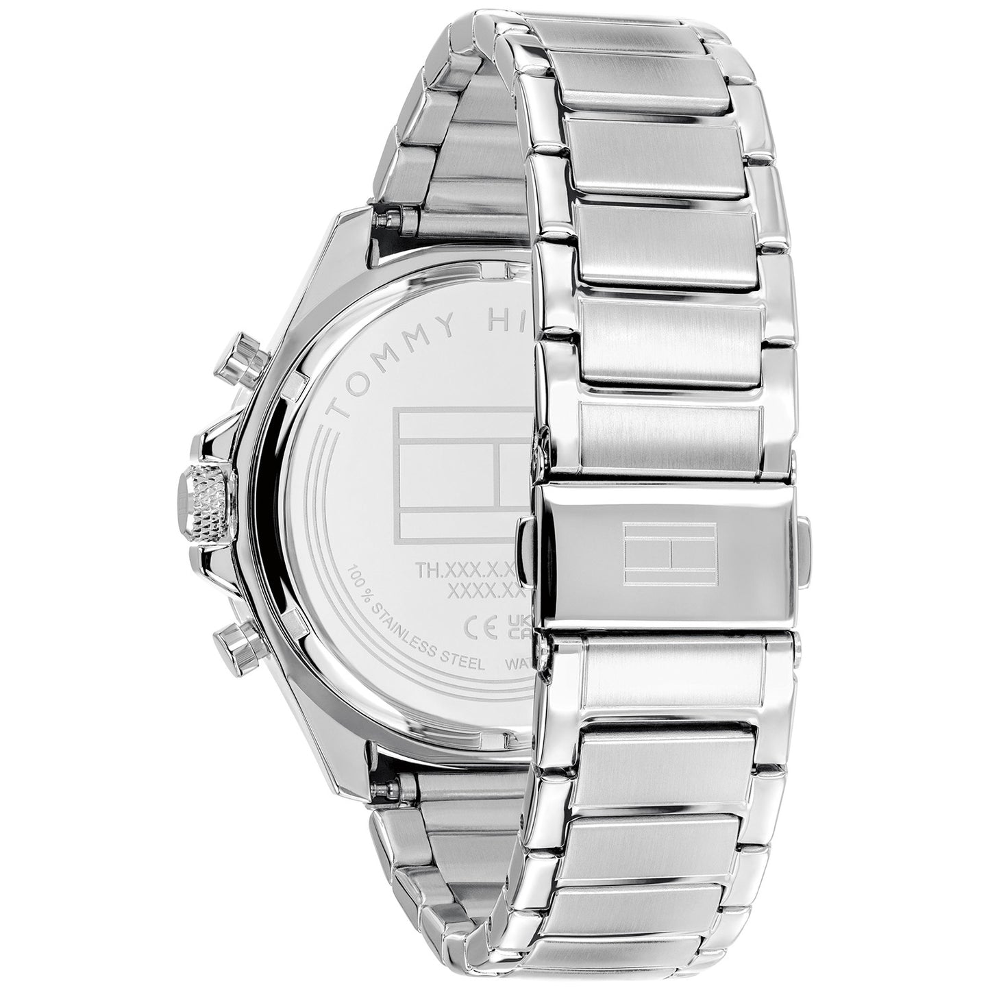 Herren-Armbanduhr Rückseite, silbernes Edelstahlgehäuse mit eingeprägten Markierungen