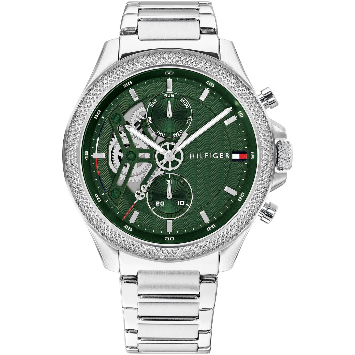 Herren-Armbanduhr: silbernes Edelstahlarmband, grünes Zifferblatt mit Chronografen-Details