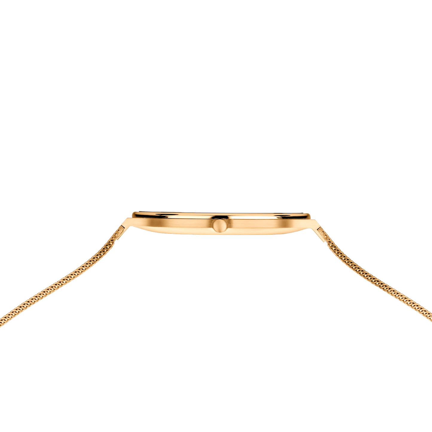Bering Armbanduhr-Kopf von der Seite: goldfarbenes Gehäuse über Milanaise-Armband