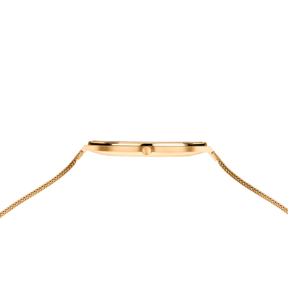 Bering Armbanduhr-Kopf von der Seite: goldfarbenes Gehäuse über Milanaise-Armband