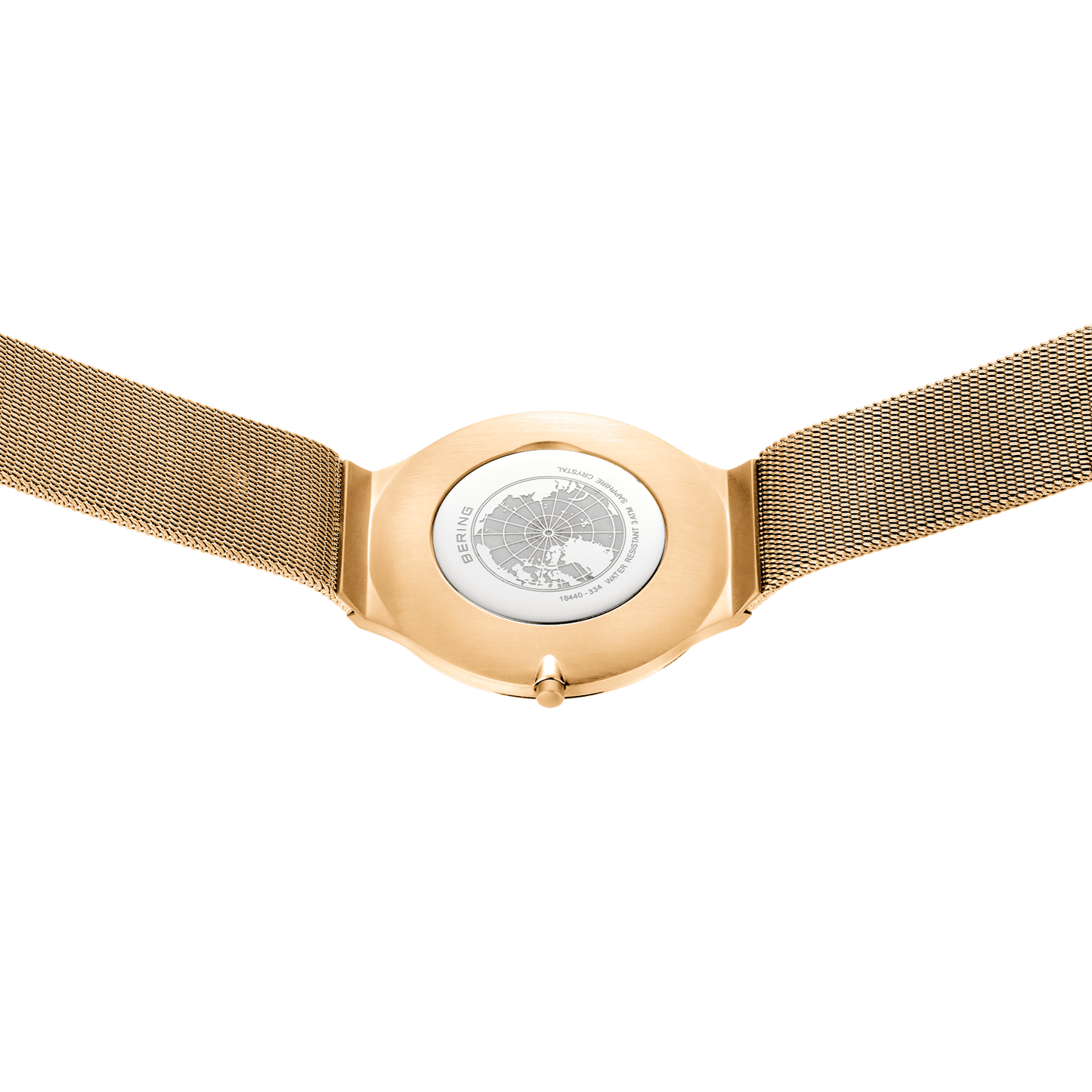 Bering Armbanduhr Rückseite mit goldenem Gehäuse und sichtbar rundem Einsatz