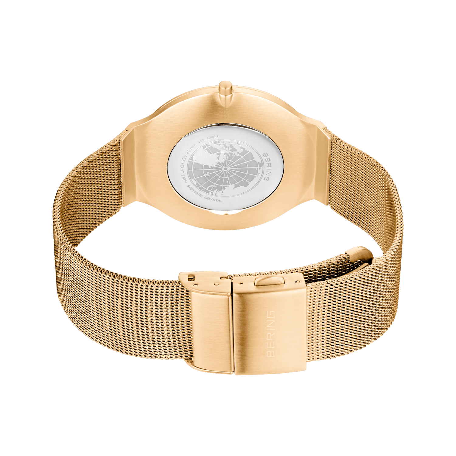 Bering Armbanduhr Rückansicht: goldenes Gehäuse, Milanaiseband und Bandverschluss