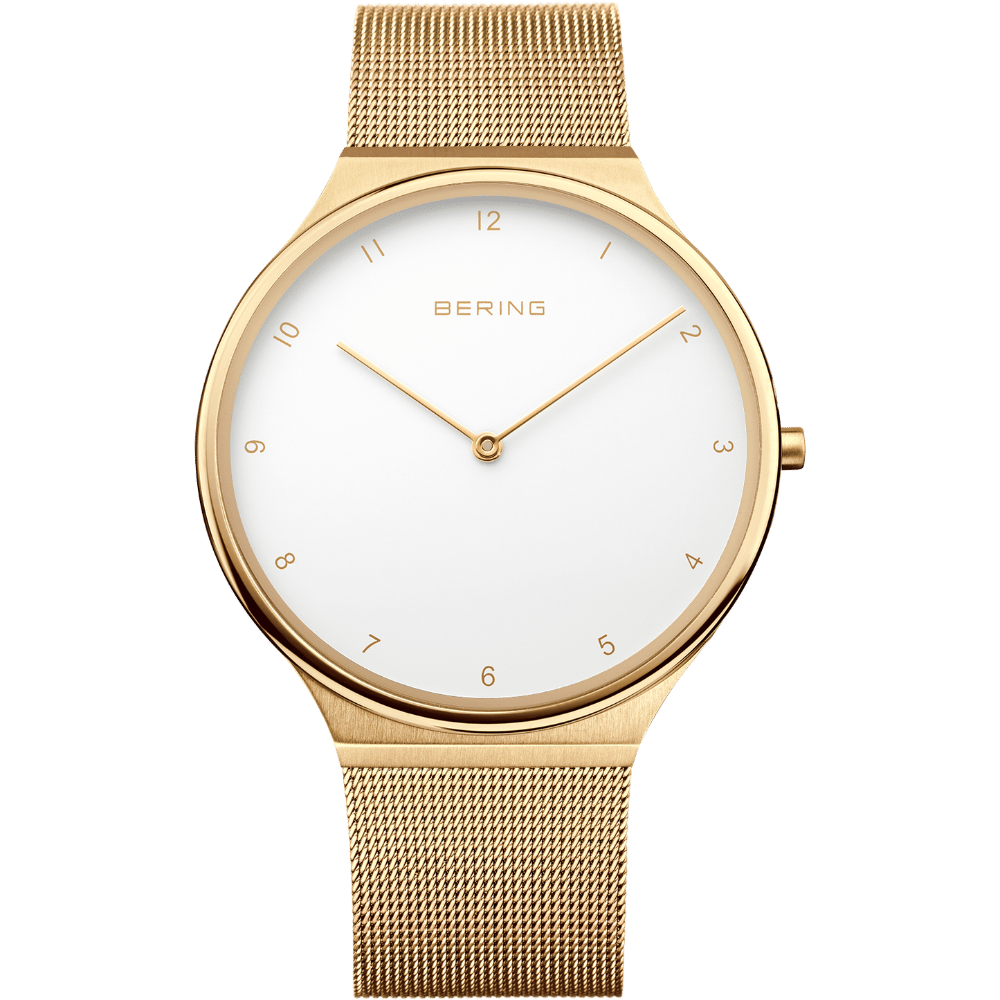 Bering Armbanduhr mit goldfarbenem Milanaise-Armband und weißem Zifferblatt