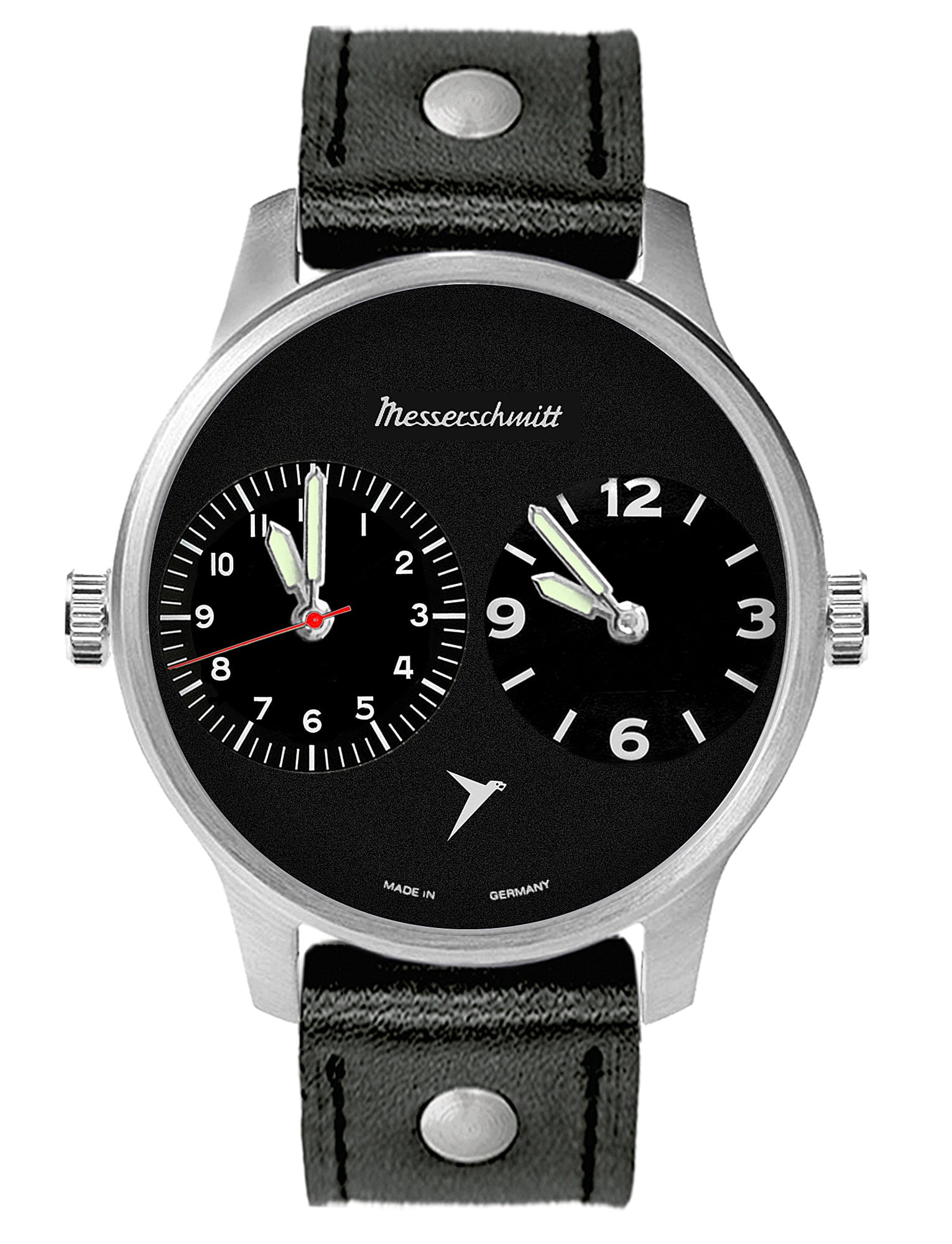 Messerschmitt ME-DUAL2-L Herren Armbanduhr Schwarz • Zwei Zeitzonen • Made in Germany