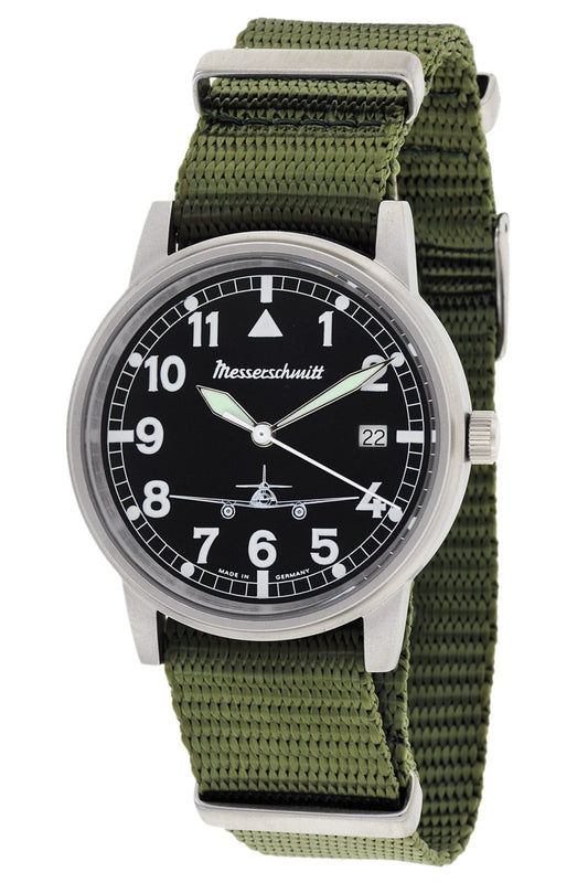 Messerschmitt ME 262 262-S Herren Armbanduhr Schwarz • Mineralglas • Olivgrünes Textilband