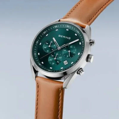 Bering 19240-508 Herrenuhr Chronograph Grün • Saphirglas • Braunes Kalbslederarmband, Bild 2