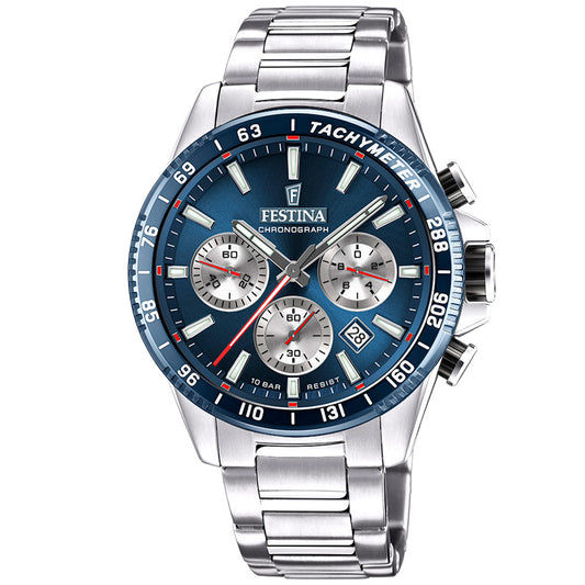 Zegarek Festina typu chronograf z niebieską tarczą i bransoletą ze stali szlachetnej, srebrny, kwarcowy