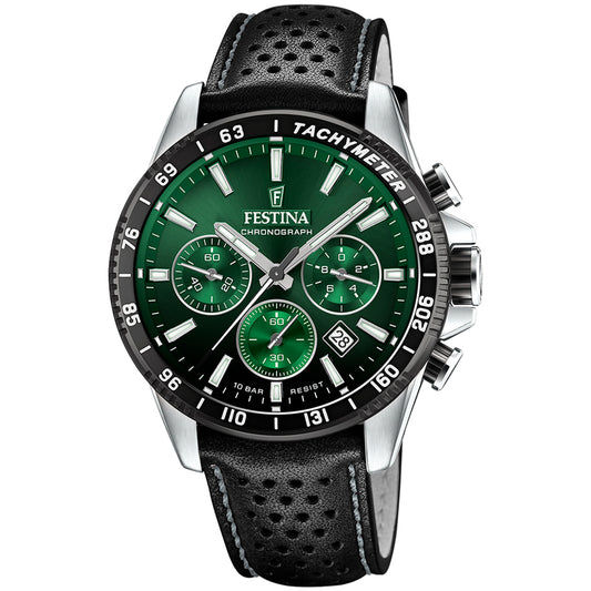Męski zegarek Festina typu chronograf z czarnym skórzanym paskiem i zieloną tarczą z tachymetrem