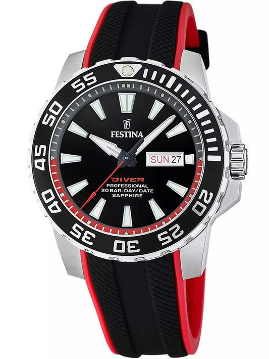 Festina Professional Diver Herrenuhr, schwarzes Zifferblatt, schwarzes Armband mit roten Akzenten