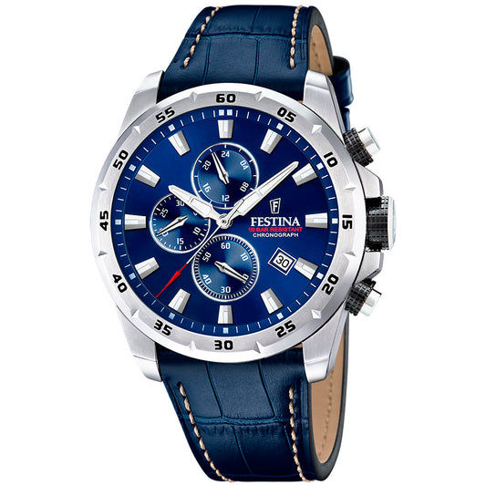Zegarek męski Festina Chronograph: niebieska tarcza, srebrna koperta, skórzany pasek