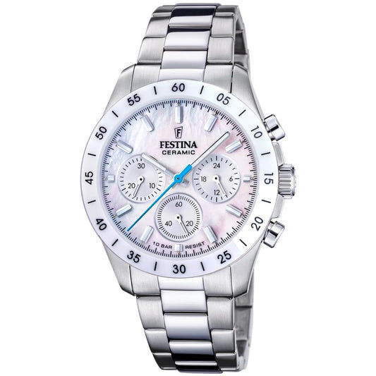 Unisex chronograf z białą tarczą, ceramiczną kopertą, subtarczami chronografu i bransoletą ze stali szlachetnej