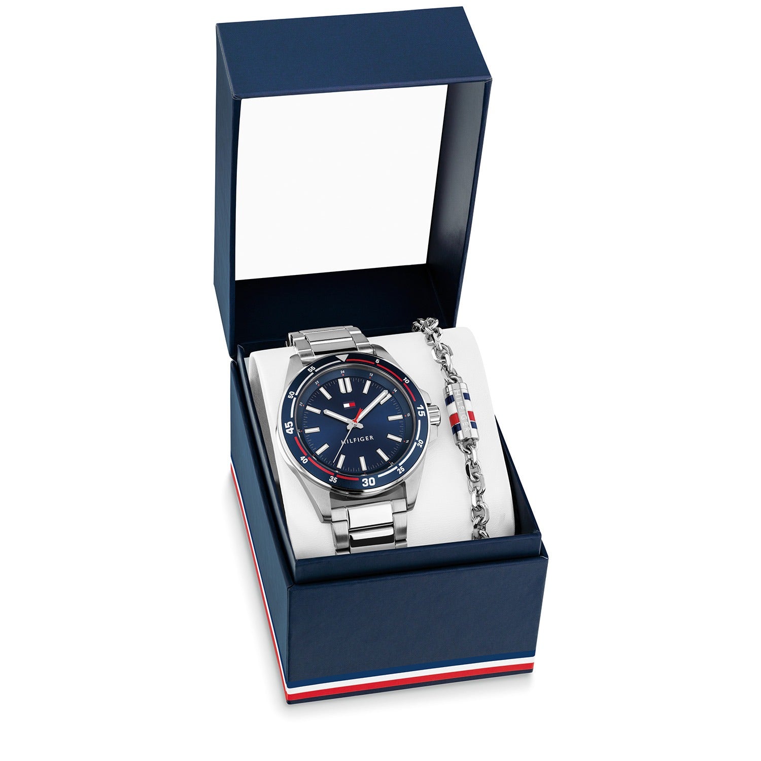 Herren-Armbanduhr-Geschenkset mit blauer Zifferblatt-Uhr und Kettenarmband in Box