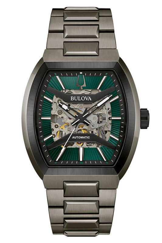 Zegarek męski Bulova z zielonym paskowanym cyferblatem, automatycznym mechanizmem typu skeleton i stalową bransoletą