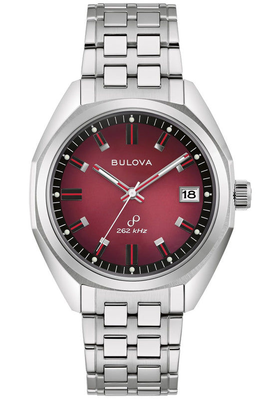 Herrenarmbanduhr Bulova mit silbernem Edelstahlband, rotem Zifferblatt und Datumsanzeige.