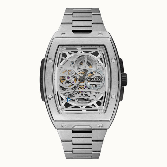 Herrenarmbanduhr mit offenem Zifferblatt, silbernem Edelstahlband und sichtbarem Automatikwerk