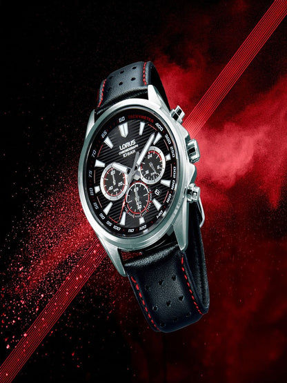 Lorus-Chronographenarmbanduhr mit schwarzem Lederband und seitlichen Drückern