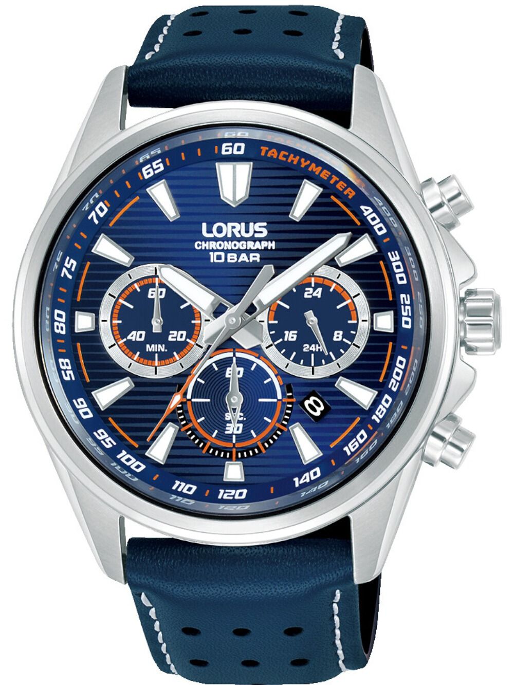 Męski zegarek chronograf Lorus z granatowym skórzanym paskiem i niebieską tarczą