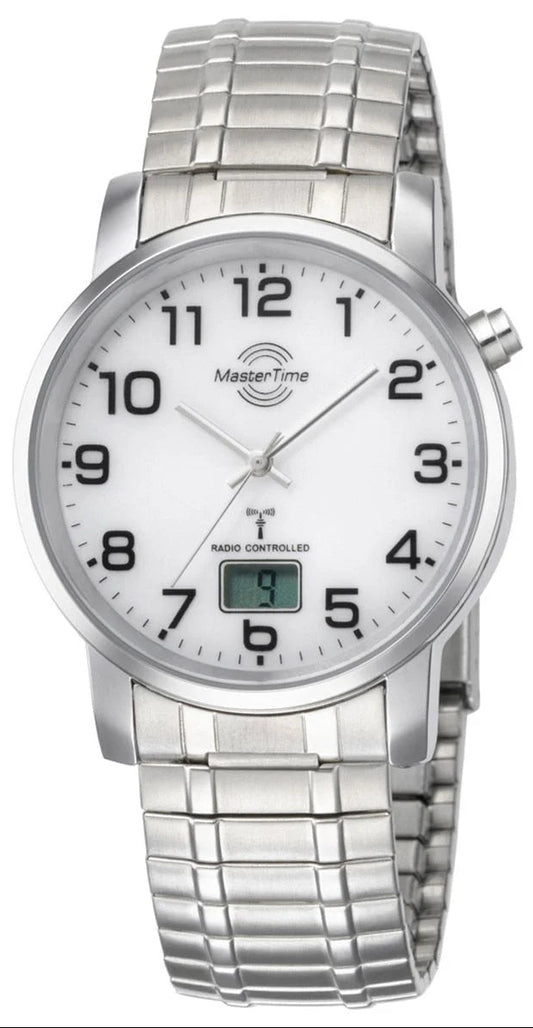 MasterTime Herrenarmbanduhr: silbernes Metallarmband, weißes Zifferblatt, Analoganzeige, Digitalfenster