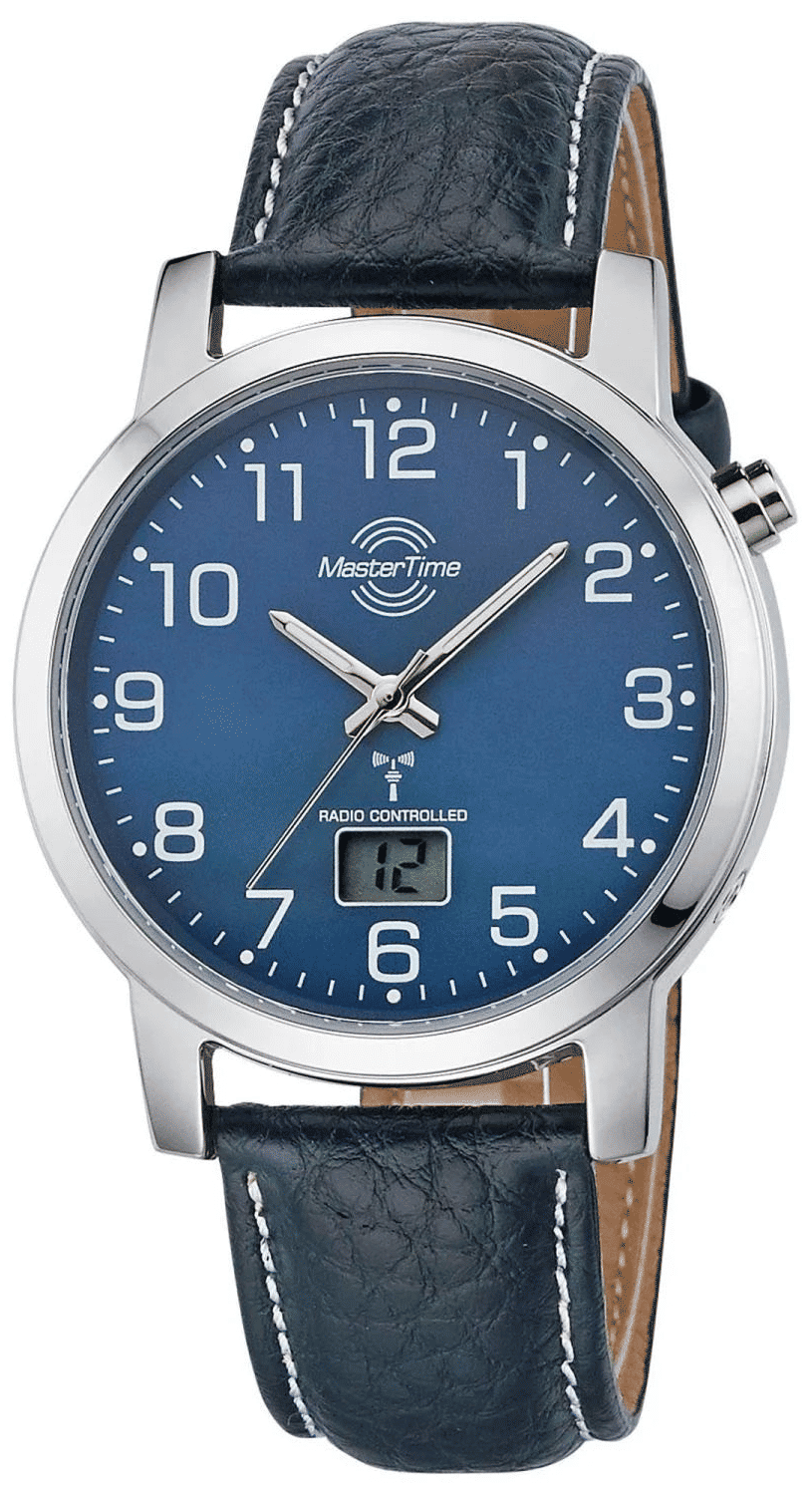 Master Time Herrenuhr mit dunkelblauem Zifferblatt, Lederband und silbernem Gehäuse, funkgesteuert