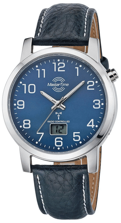 Master Time Herrenuhr mit dunkelblauem Zifferblatt, Lederband und silbernem Gehäuse, funkgesteuert