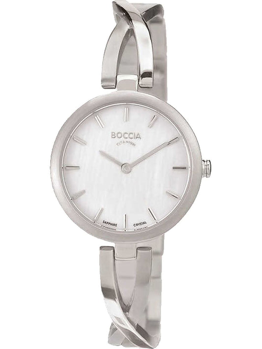 Damenarmbanduhr von Boccia mit silbernem Titanarmband und weißem Zifferblatt