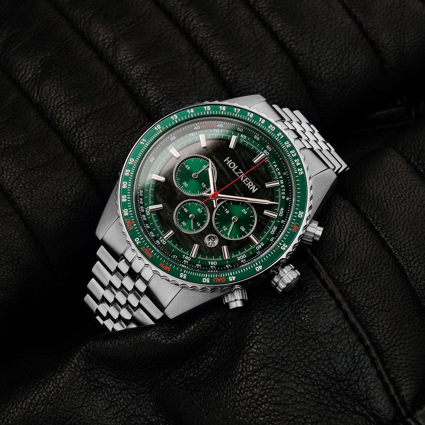 Holzkern Openhorizon 9010631018290 Herren Chronograph Grün/Silberfarben • Echter Marmor-Zifferblatt • Tachymeter-Lünette