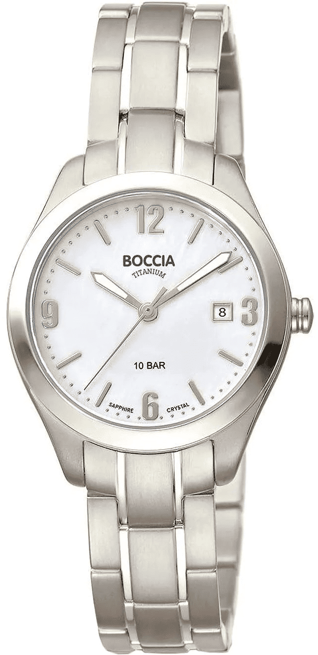 Boccia Damenuhr mit silberfarbenem Metallarmband, rundem weißem Zifferblatt und Datumsanzeige