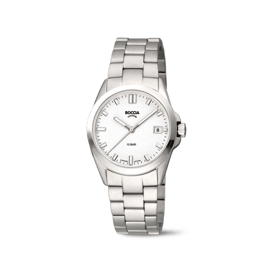 Damenarmbanduhr mit Metallarmband, silbernem Zifferblatt, Indexen und Datumsanzeige bei 8
